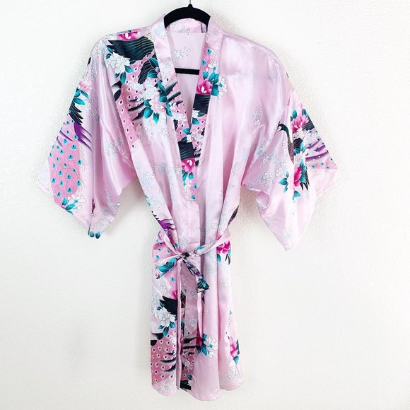 Other - Pink Peacock Print Silky Kimono Sleeve Robe L